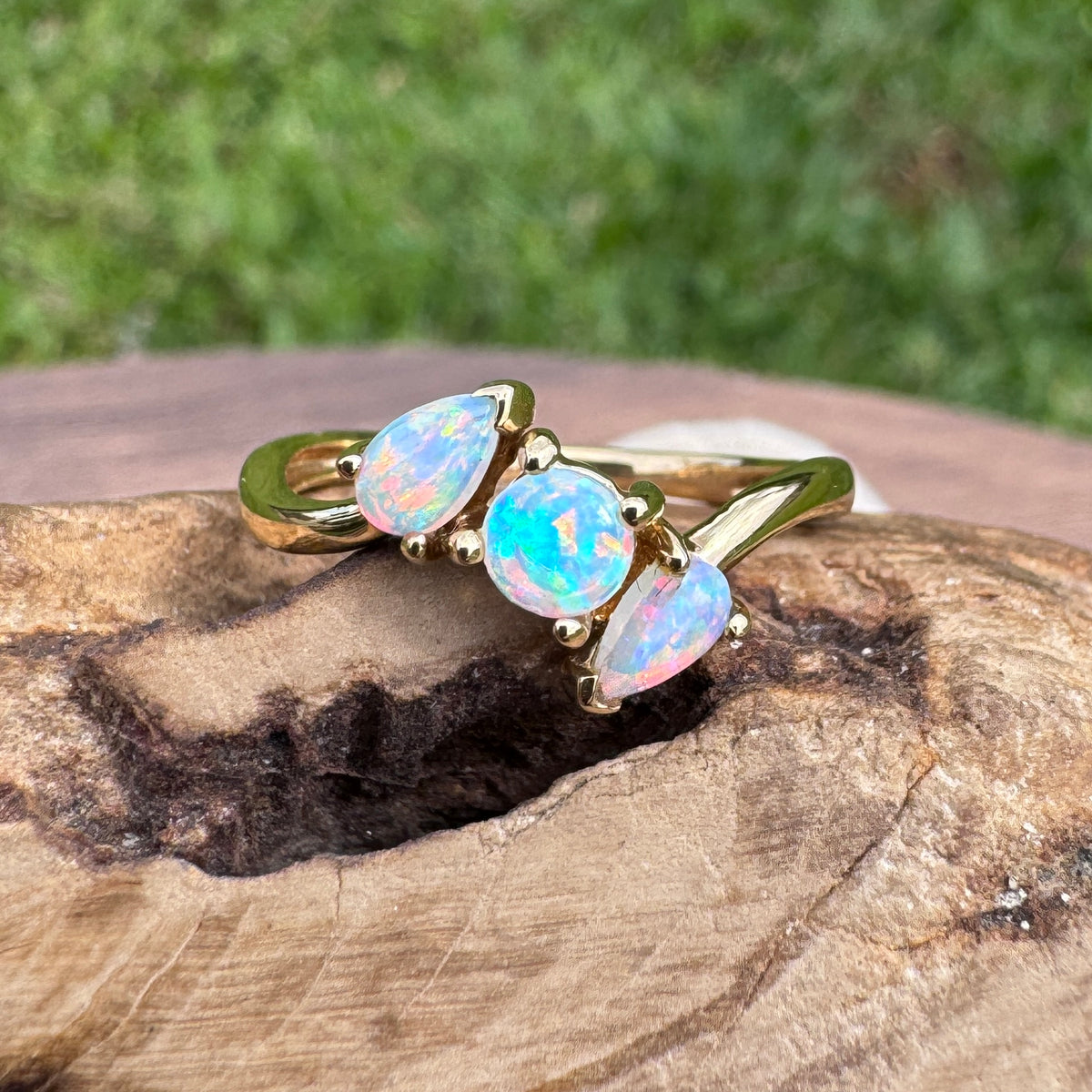 0.4ct Lightning Ridge Opal Ring ~ 'Tamar Valley Trio' | 14ct Yellow Gold | Solid Australian Opal