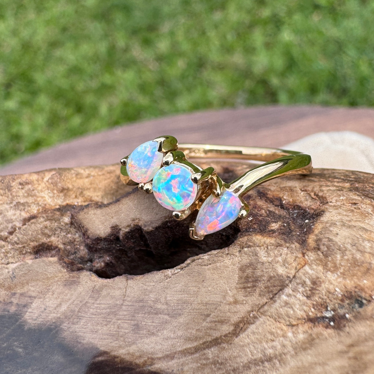 0.4ct Lightning Ridge Opal Ring ~ 'Tamar Valley Trio' | 14ct Yellow Gold | Solid Australian Opal