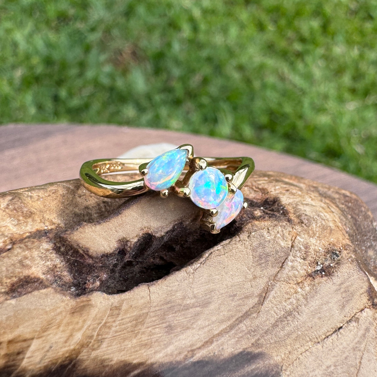 0.4ct Lightning Ridge Opal Ring ~ 'Tamar Valley Trio' | 14ct Yellow Gold | Solid Australian Opal