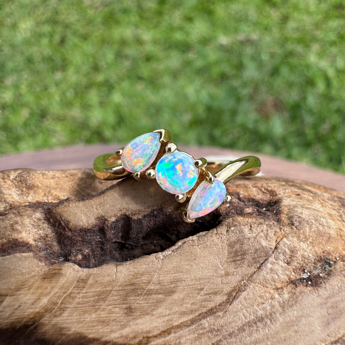 0.4ct Lightning Ridge Opal Ring ~ 'Tamar Valley Trio' | 14ct Yellow Gold | Solid Australian Opal