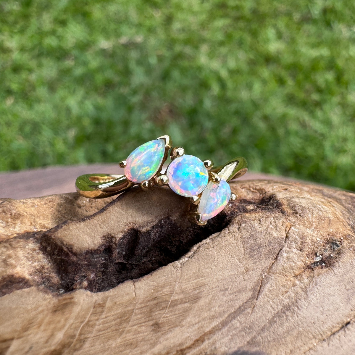 0.4ct Lightning Ridge Opal Ring ~ 'Tamar Valley Trio' | 14ct Yellow Gold | Solid Australian Opal
