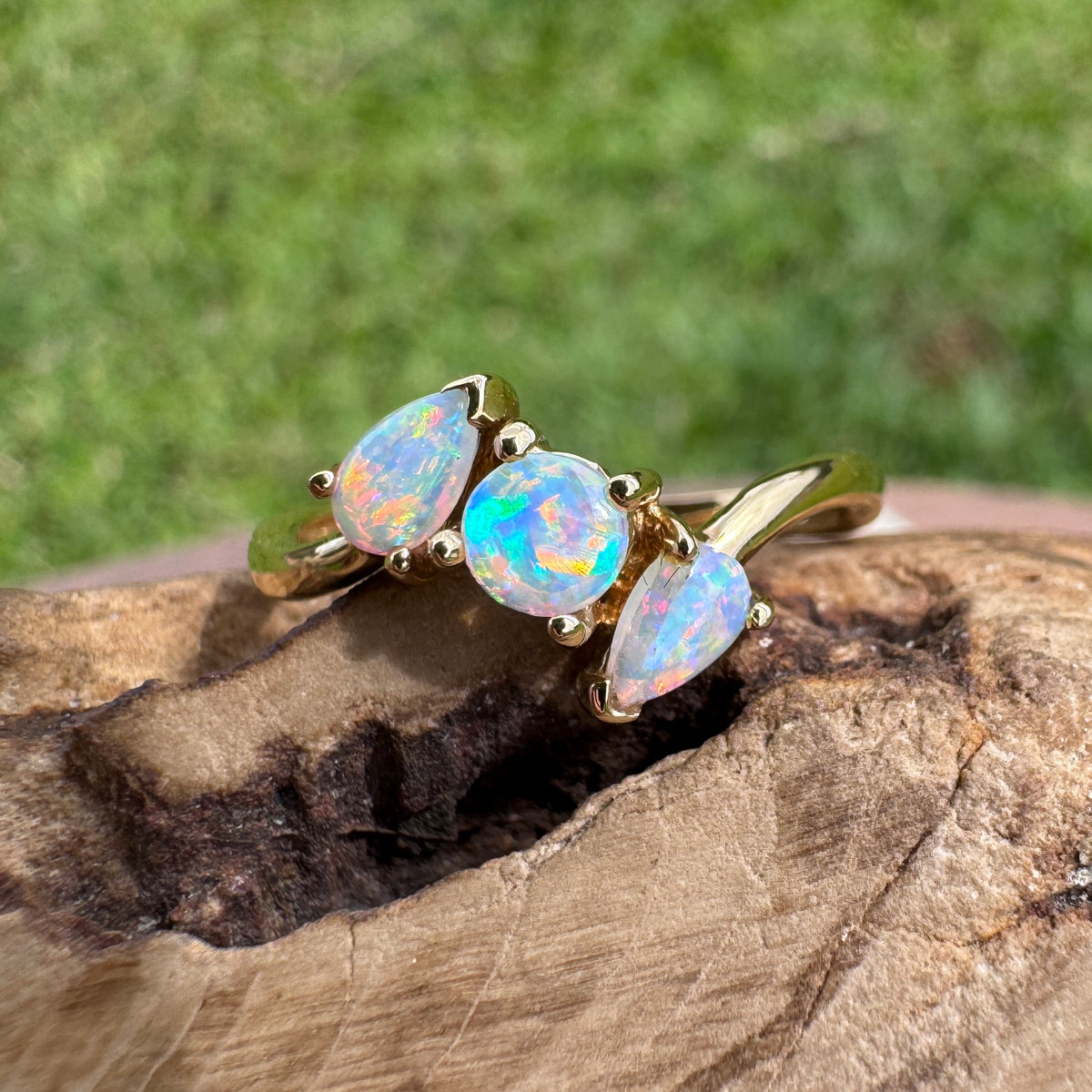 0.4ct Lightning Ridge Opal Ring ~ 'Tamar Valley Trio' | 14ct Yellow Gold | Solid Australian Opal
