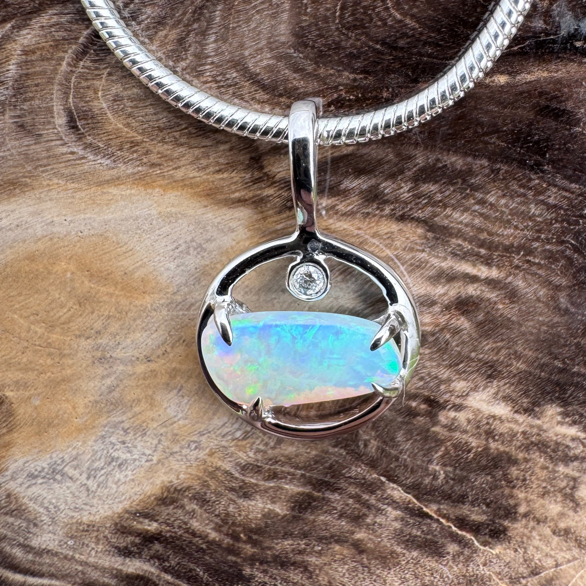 0.5ct Lightning Ridge Crystal Opal & Diamond Pendant Necklace ~ 'Jervis Bay Shimmer' | 14ct White Gold | Solid Australian Opal