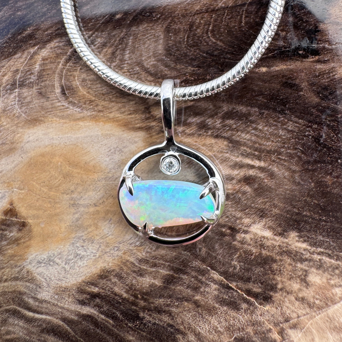 0.5ct Lightning Ridge Crystal Opal & Diamond Pendant Necklace ~ 'Jervis Bay Shimmer' | 14ct White Gold | Solid Australian Opal
