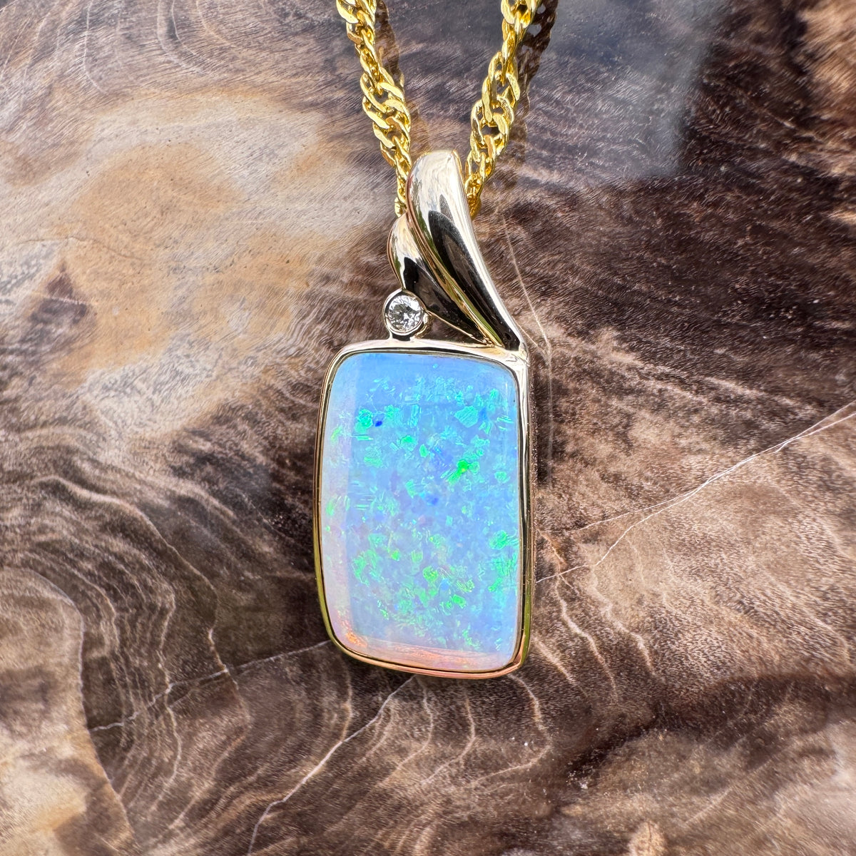 3.5ct Coober Pedy Opal & Diamond Pendant Necklace ~ 'Esperance Glow' | 14ct Yellow Gold | Solid Australian Opal