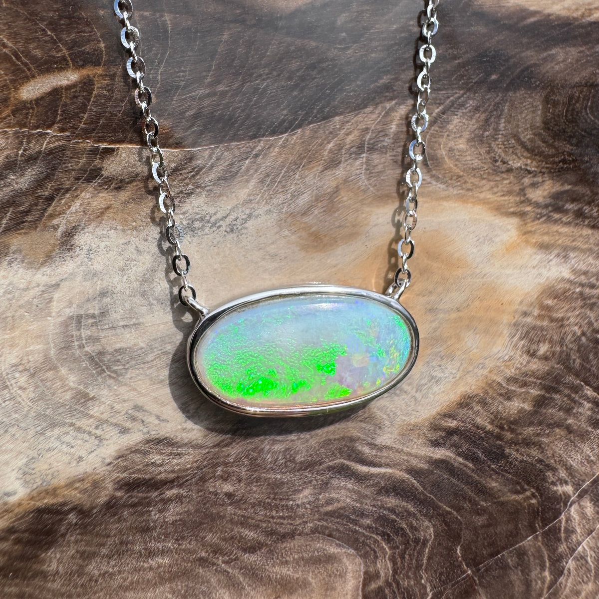 2.2ct Coober Pedy Opal Pendant Necklace ~ 'Lamington Greens' | 925 Sterling Silver | Solid Australian Opal