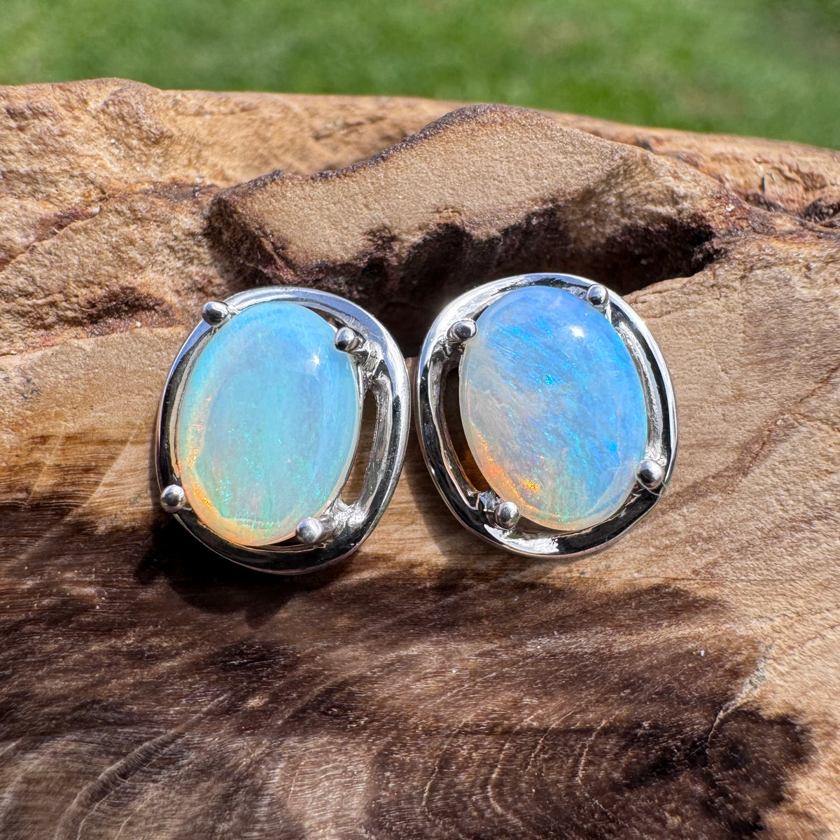 0.7ct Coober Pedy Crystal Opal Stud Earrings ~ 'Jenolan Blues' | 925 Sterling Silver | Solid Australian Opal