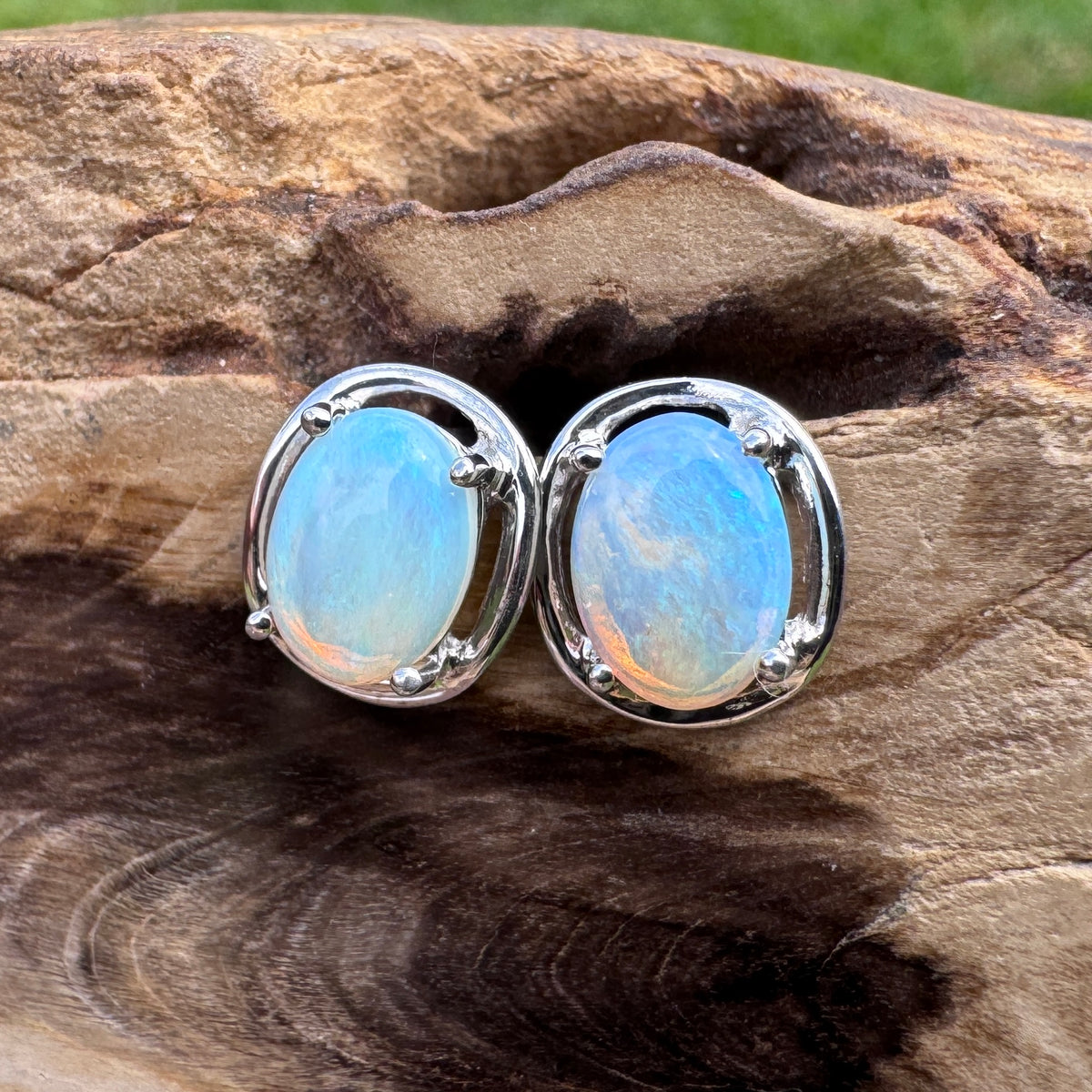 0.7ct Coober Pedy Crystal Opal Stud Earrings ~ 'Jenolan Blues' | 925 Sterling Silver | Solid Australian Opal