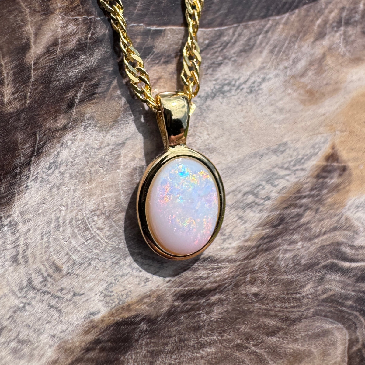 0.9ct Coober Pedy Opal Pendant Necklace ~ 'Leonora Gold' | Yellow Gold Coated 925 Sterling Silver | Solid Australian Opal