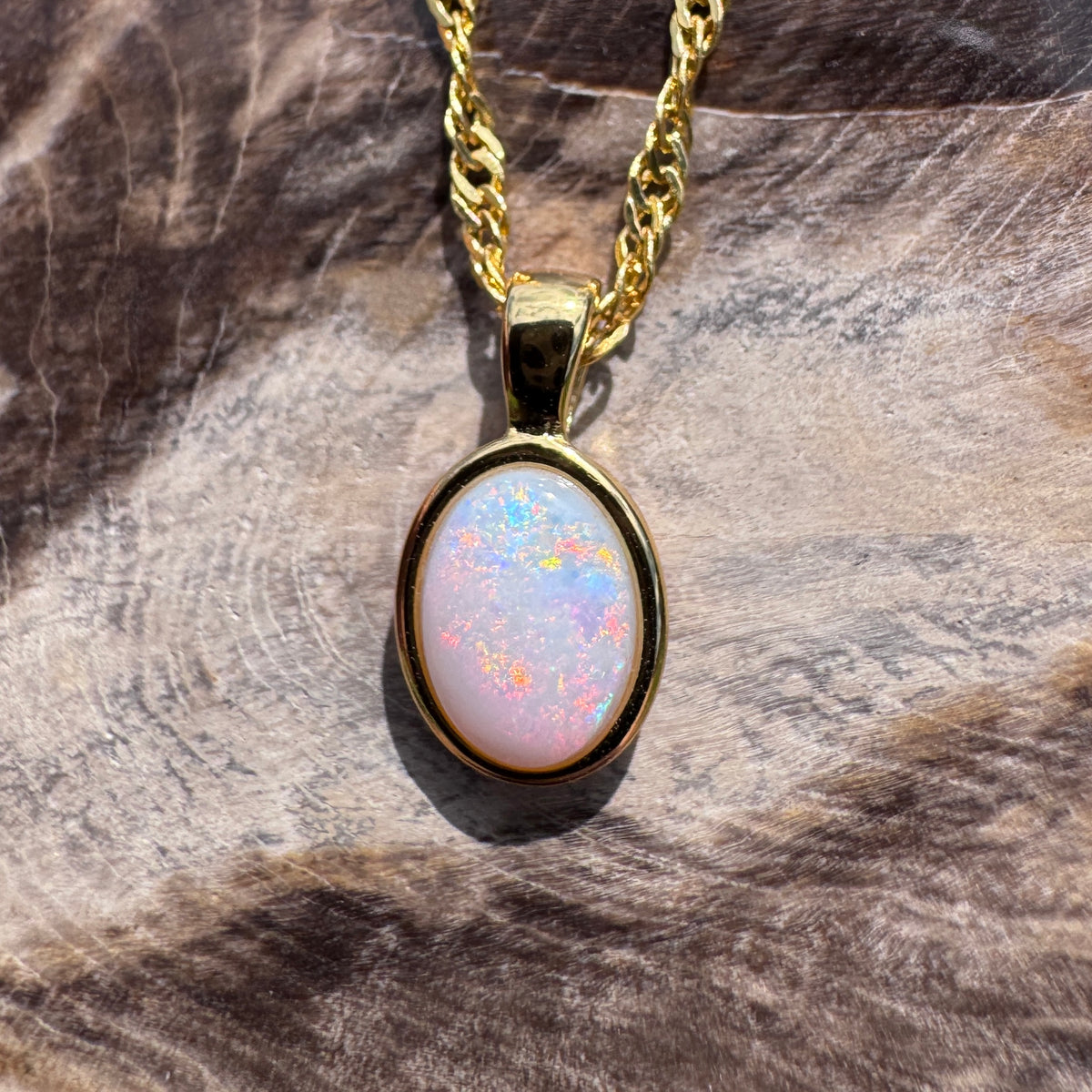 0.9ct Coober Pedy Opal Pendant Necklace ~ 'Leonora Gold' | Yellow Gold Coated 925 Sterling Silver | Solid Australian Opal
