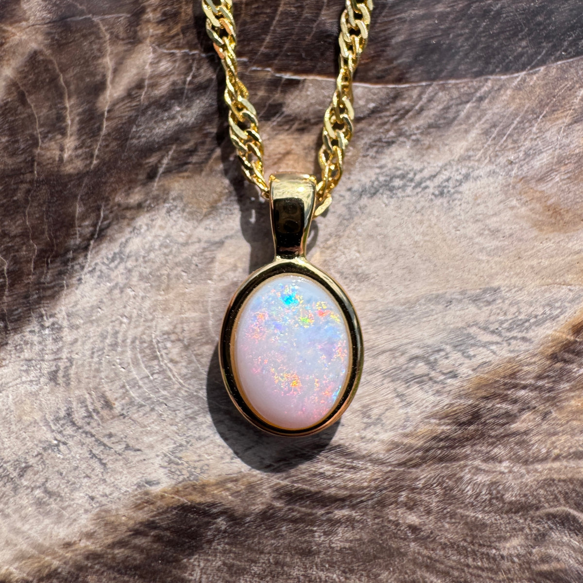 0.9ct Coober Pedy Opal Pendant Necklace ~ 'Leonora Gold' | Yellow Gold Coated 925 Sterling Silver | Solid Australian Opal