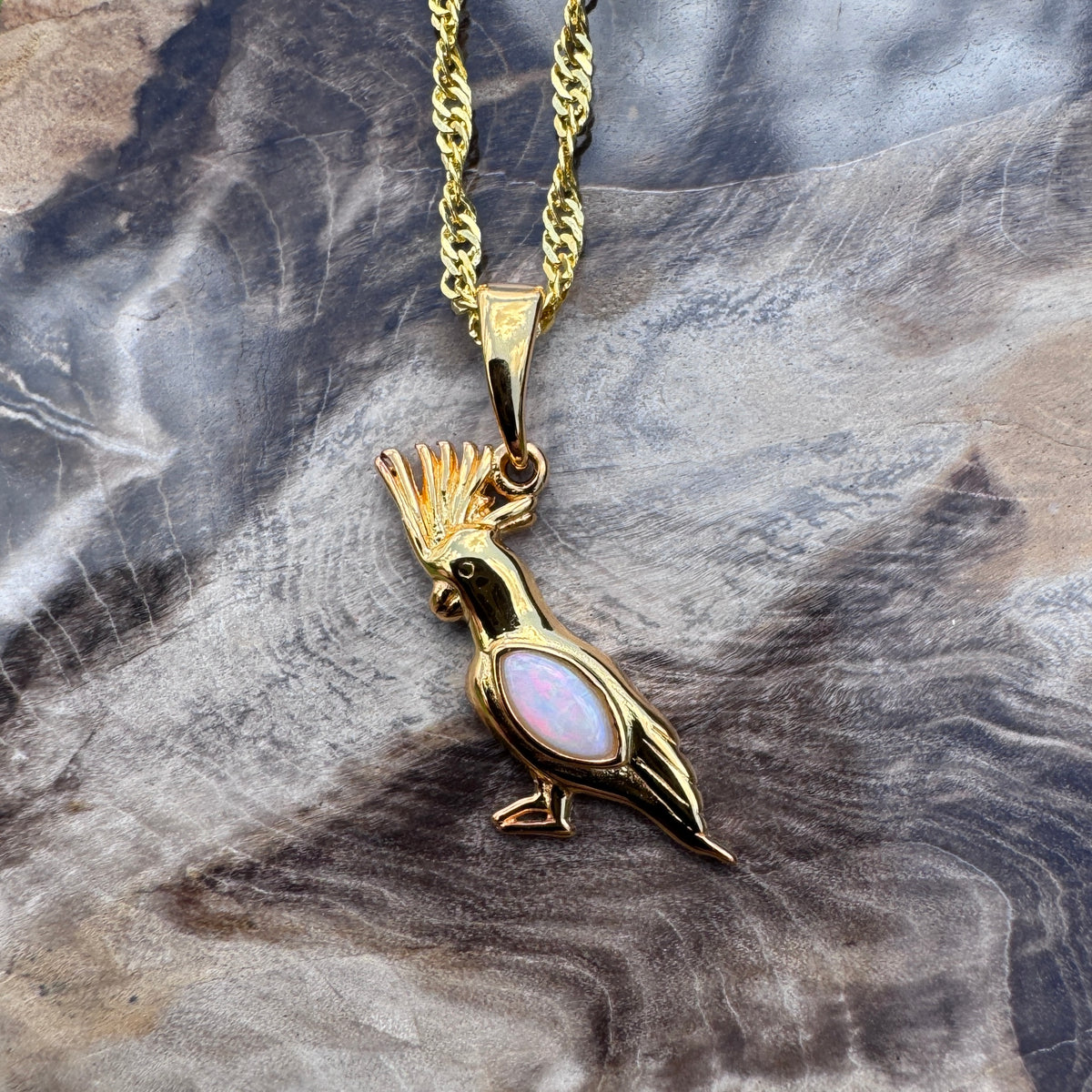 0.3ct Coober Pedy Opal Cockatoo Pendant Necklace ~ 'Dorrigo Cockatoo' | Yellow Gold Coated 925 Sterling Silver | Solid Australian Opal