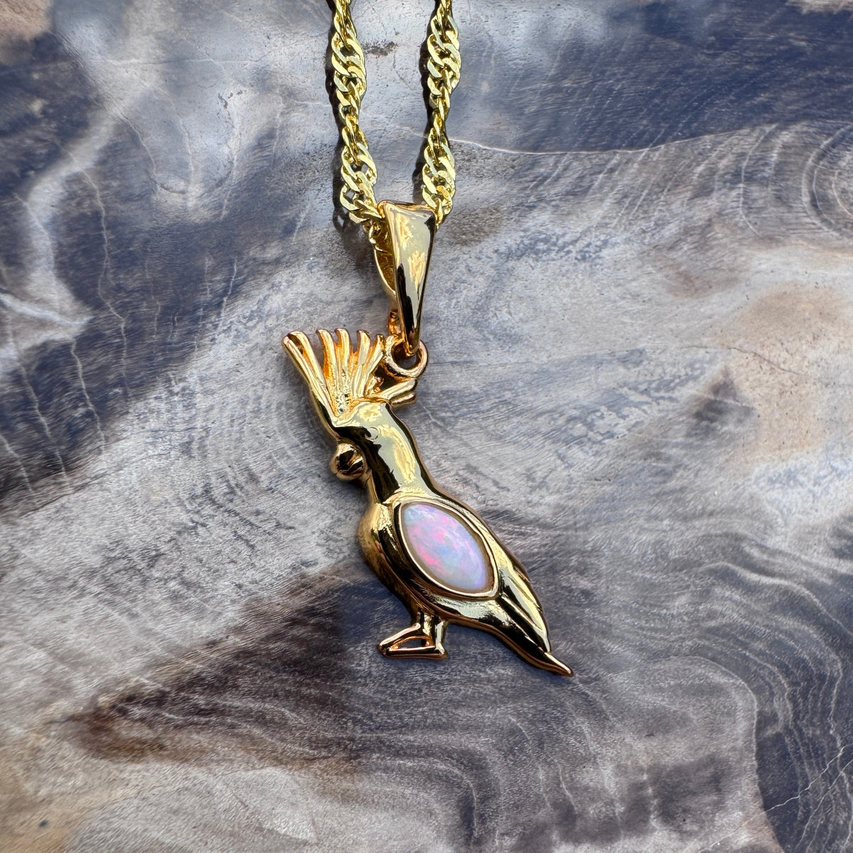 0.3ct Coober Pedy Opal Cockatoo Pendant Necklace ~ 'Dorrigo Cockatoo' | Yellow Gold Coated 925 Sterling Silver | Solid Australian Opal