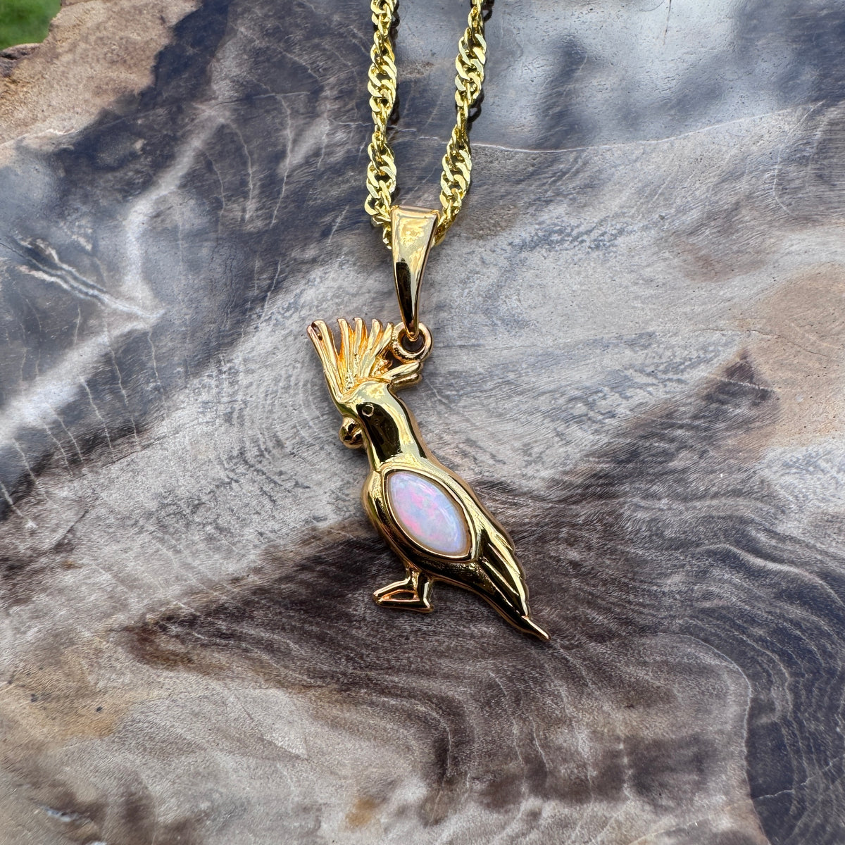 0.3ct Coober Pedy Opal Cockatoo Pendant Necklace ~ 'Dorrigo Cockatoo' | Yellow Gold Coated 925 Sterling Silver | Solid Australian Opal