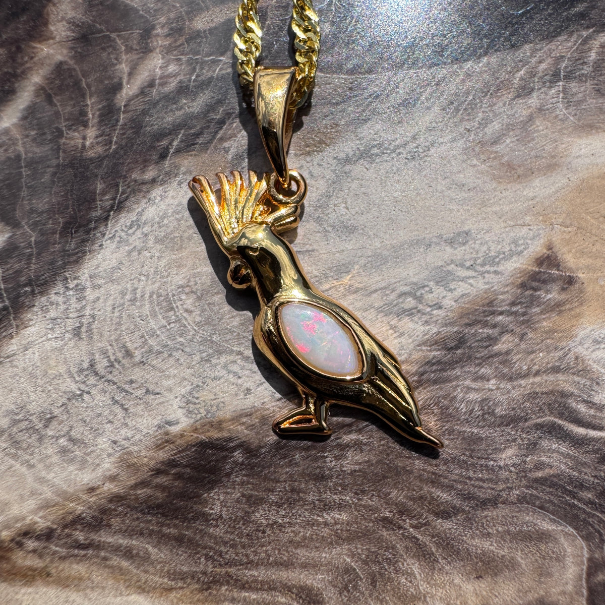 0.3ct Coober Pedy Opal Cockatoo Pendant Necklace ~ 'Dorrigo Cockatoo' | Yellow Gold Coated 925 Sterling Silver | Solid Australian Opal