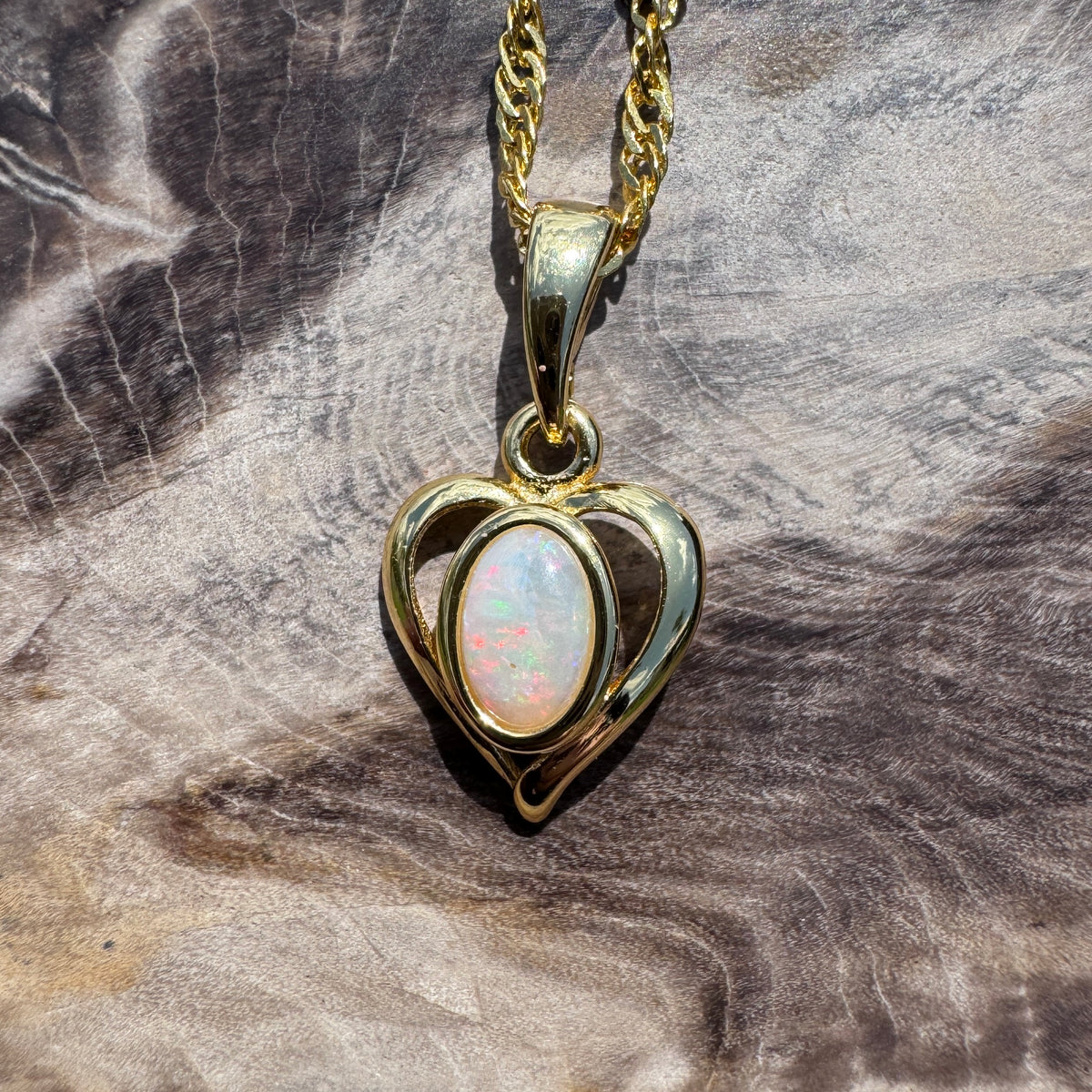 0.6ct Lightning Ridge Opal Heart Pendant Necklace ~ 'Barossa Heart' | Yellow Gold Coated 925 Sterling Silver | Solid Australian Opal