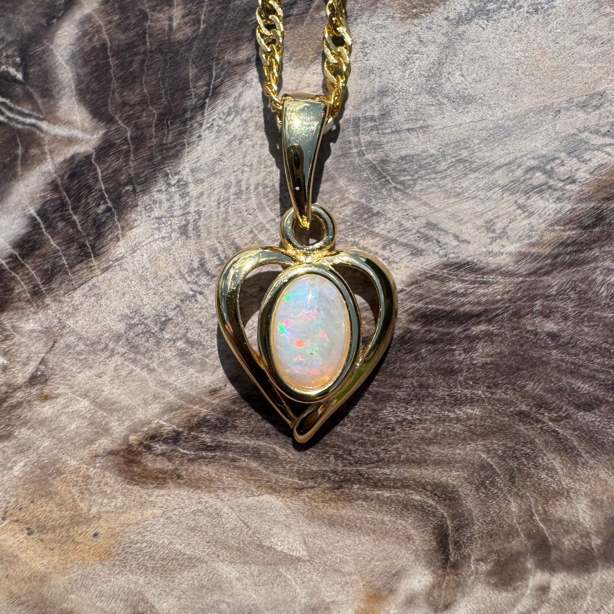 0.6ct Lightning Ridge Opal Heart Pendant Necklace ~ 'Barossa Heart' | Yellow Gold Coated 925 Sterling Silver | Solid Australian Opal