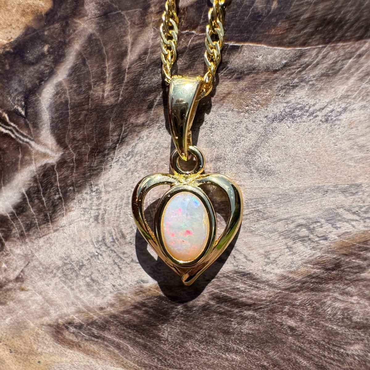 0.6ct Lightning Ridge Opal Heart Pendant Necklace ~ 'Barossa Heart' | Yellow Gold Coated 925 Sterling Silver | Solid Australian Opal