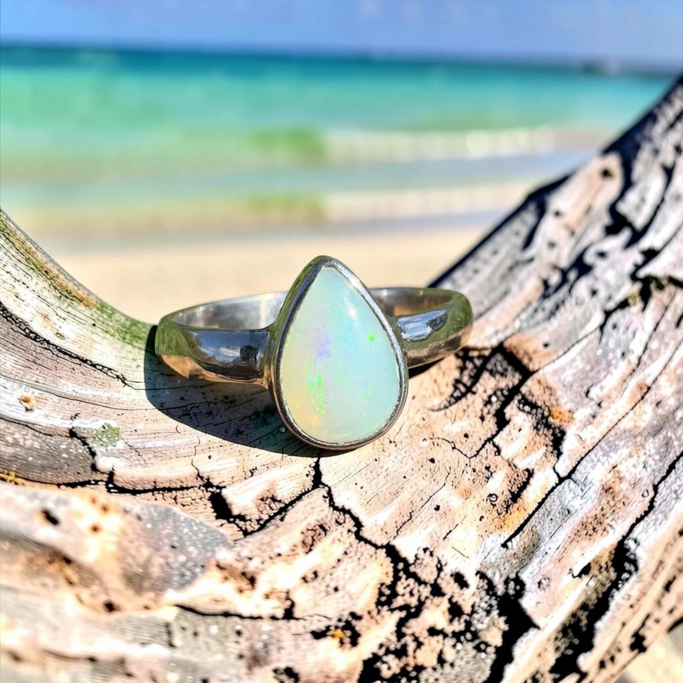 1.3ct Coober Pedy Opal Ring ~ 'Daintree Green Fire' | 925 Sterling Silver | Solid Australian Opal
