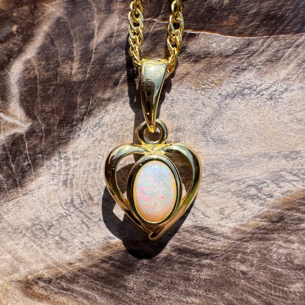 0.6ct Lightning Ridge Opal Heart Pendant Necklace ~ 'Barossa Heart' | Yellow Gold Coated 925 Sterling Silver | Solid Australian Opal