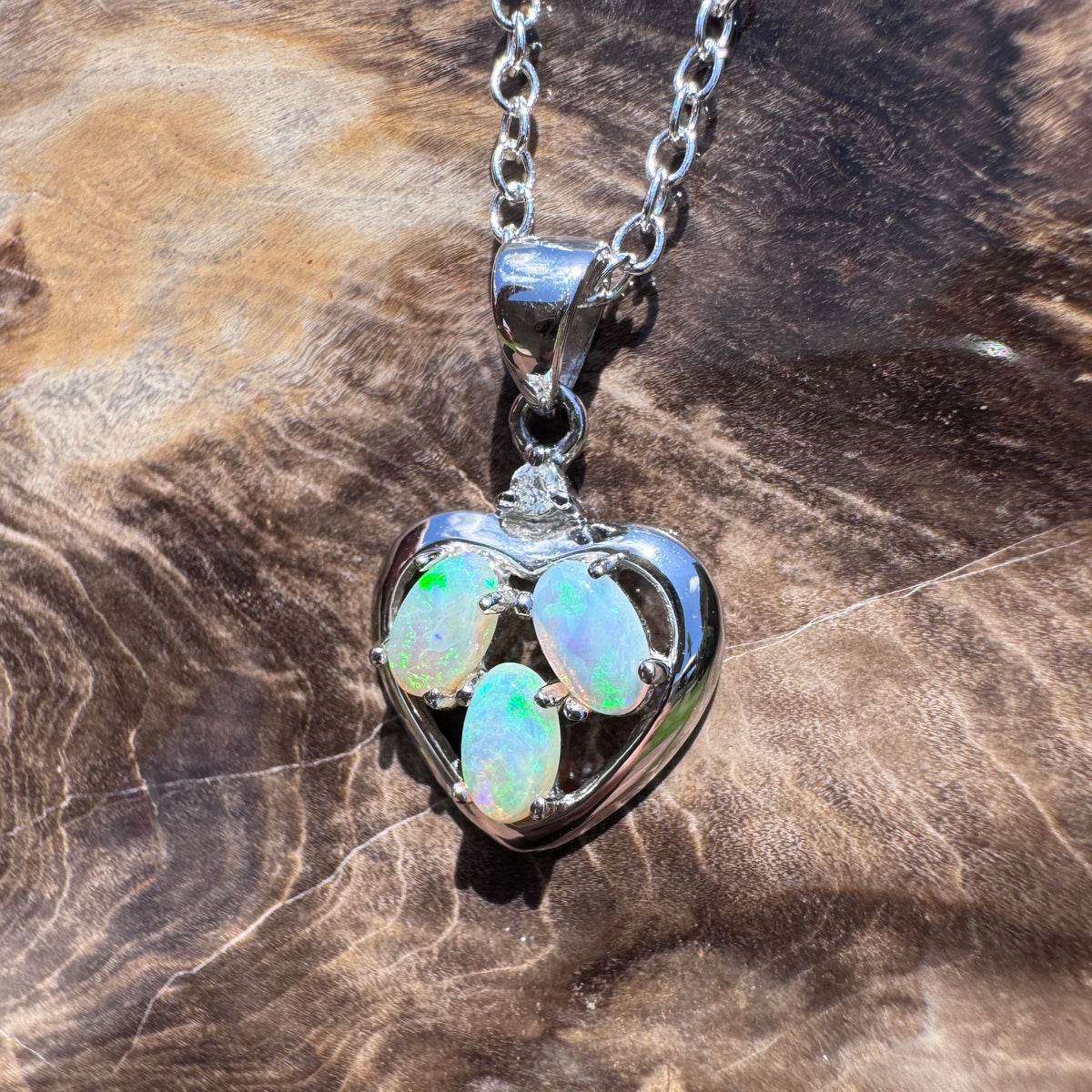 0.5ct Coober Pedy Opal & Diamond Heart Pendant Necklace ~ 'Lake Hillier Heart' | 14ct White Gold | Solid Australian Opal