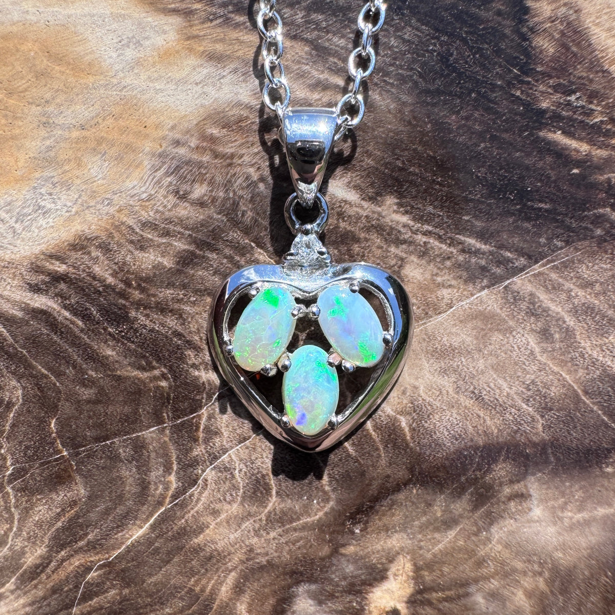 0.5ct Coober Pedy Opal & Diamond Heart Pendant Necklace ~ 'Lake Hillier Heart' | 14ct White Gold | Solid Australian Opal