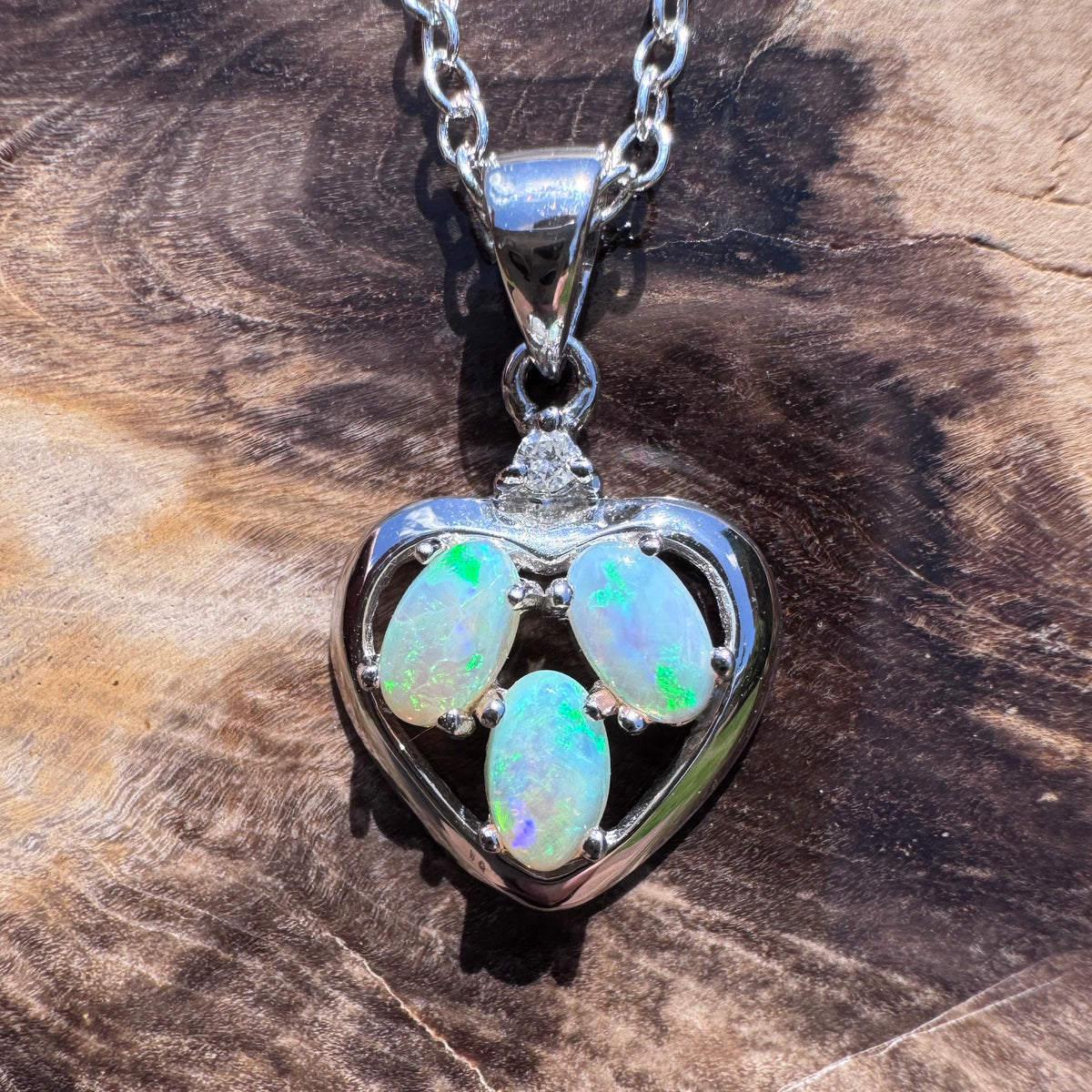 0.5ct Coober Pedy Opal & Diamond Heart Pendant Necklace ~ 'Lake Hillier Heart' | 14ct White Gold | Solid Australian Opal
