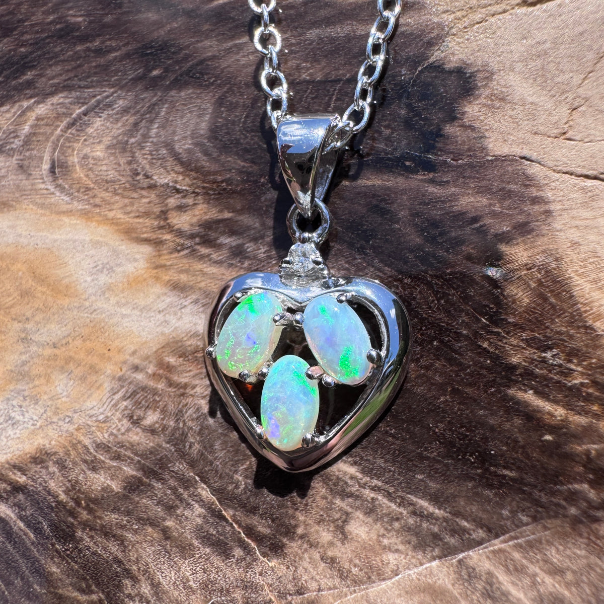 0.5ct Coober Pedy Opal & Diamond Heart Pendant Necklace ~ 'Lake Hillier Heart' | 14ct White Gold | Solid Australian Opal