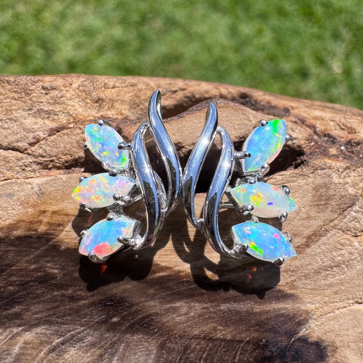1.2ct Lightning Ridge Opal Leaf Stud Earrings ~ 'Daintree Leaf' | 14ct White Gold | Solid Australian Opal