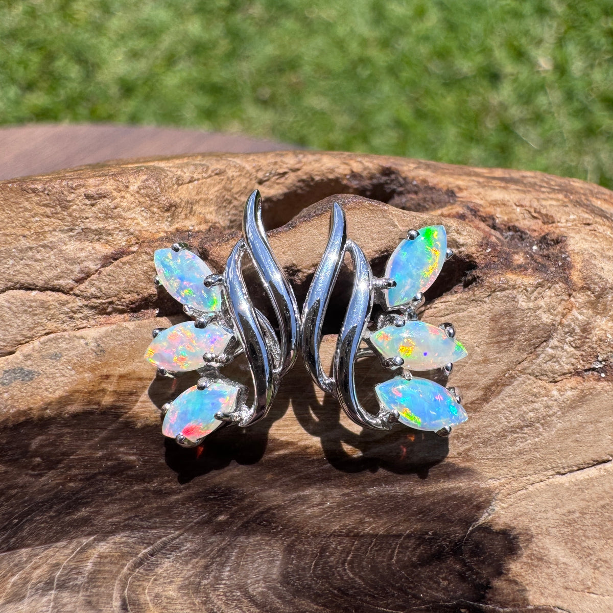 1.2ct Lightning Ridge Opal Leaf Stud Earrings ~ 'Daintree Leaf' | 14ct White Gold | Solid Australian Opal