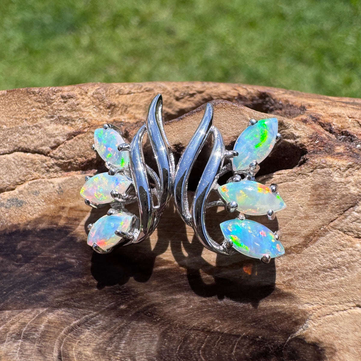 1.2ct Lightning Ridge Opal Leaf Stud Earrings ~ 'Daintree Leaf' | 14ct White Gold | Solid Australian Opal