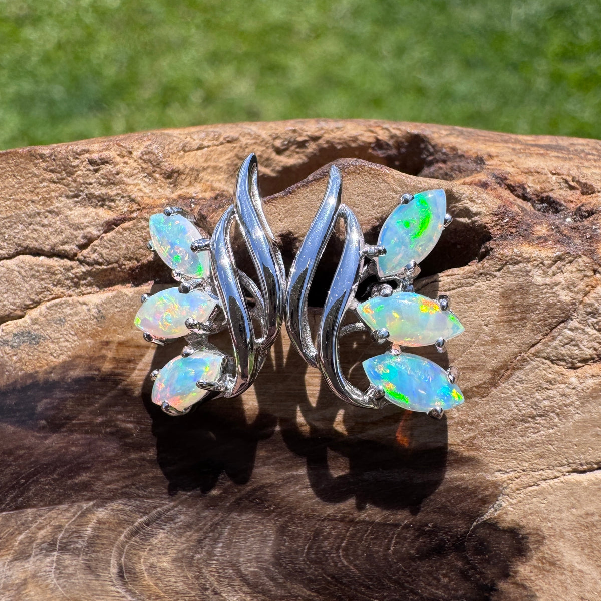 1.2ct Lightning Ridge Opal Leaf Stud Earrings ~ 'Daintree Leaf' | 14ct White Gold | Solid Australian Opal