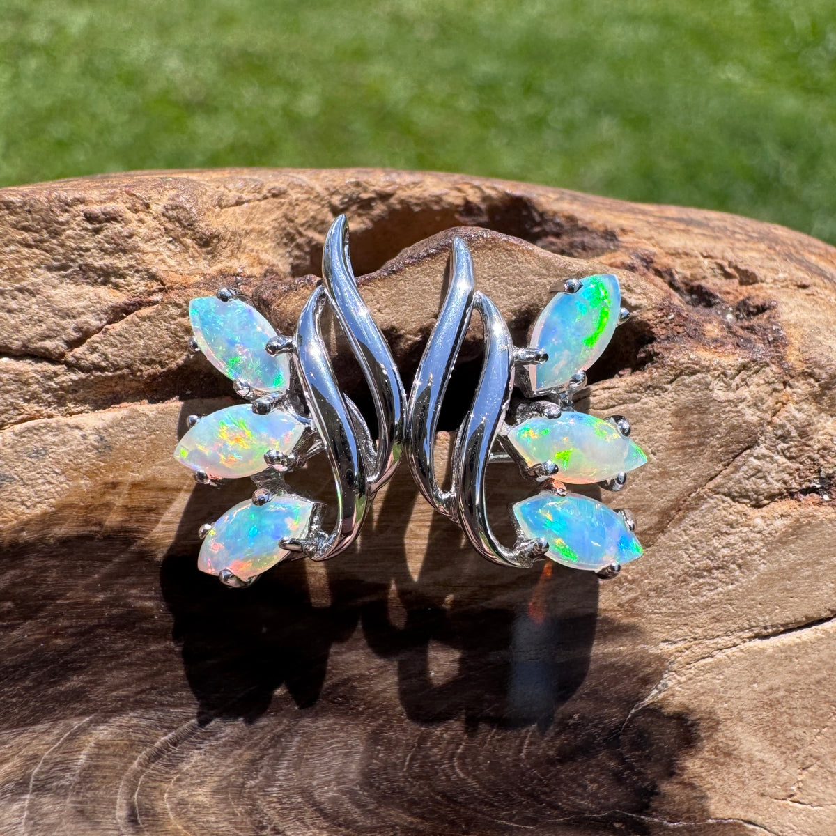 1.2ct Lightning Ridge Opal Leaf Stud Earrings ~ 'Daintree Leaf' | 14ct White Gold | Solid Australian Opal