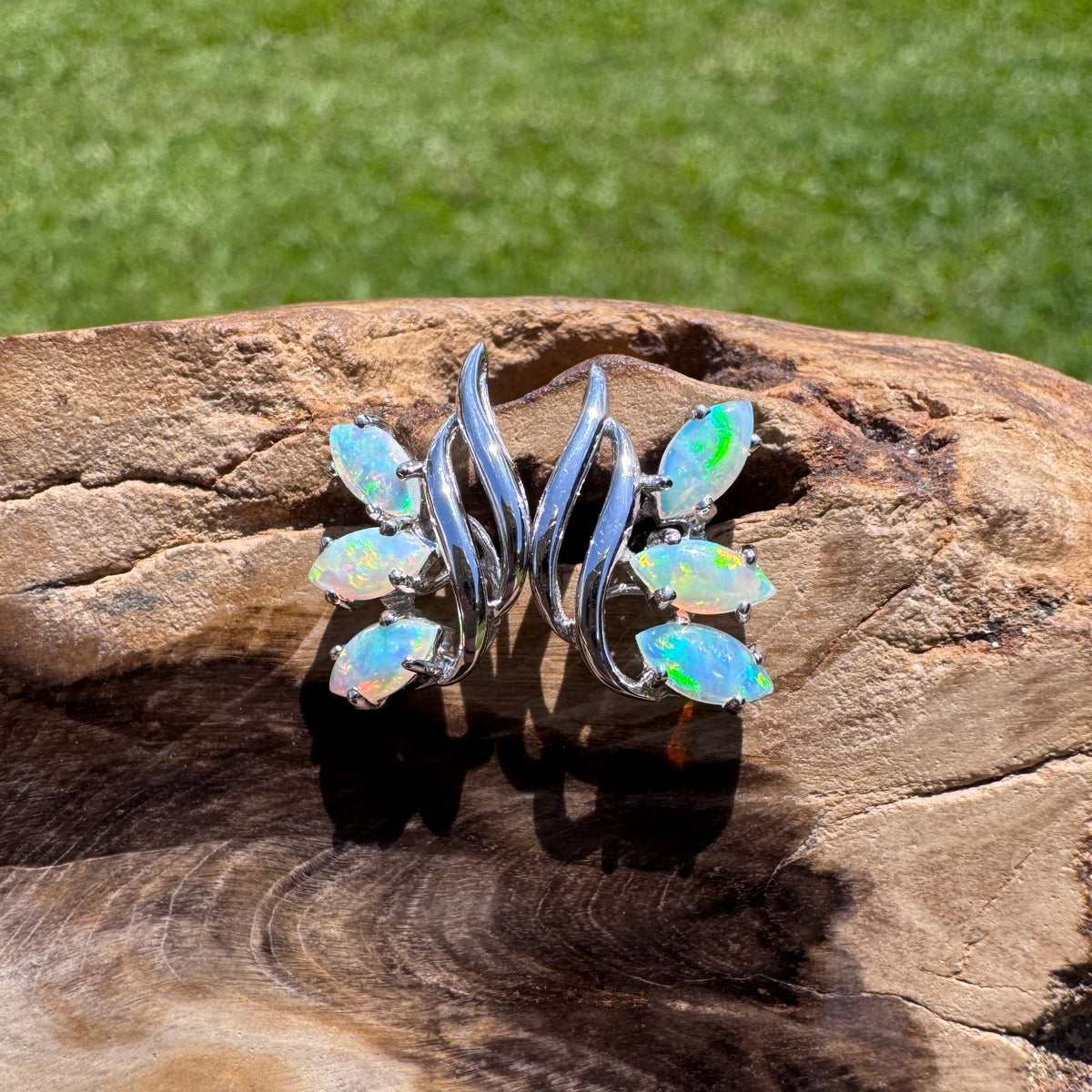 1.2ct Lightning Ridge Opal Leaf Stud Earrings ~ 'Daintree Leaf' | 14ct White Gold | Solid Australian Opal