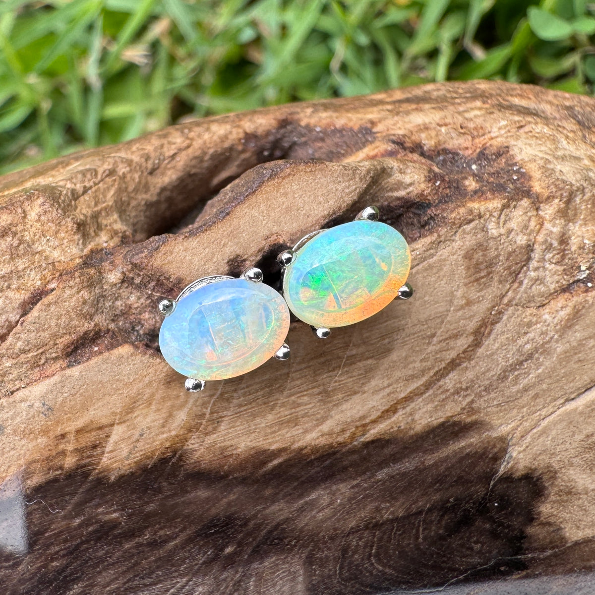 0.8ct Coober Pedy Opal Stud Earrings ~ 'Russell Falls Blues' | 925 Sterling Silver | Solid Australian Opal