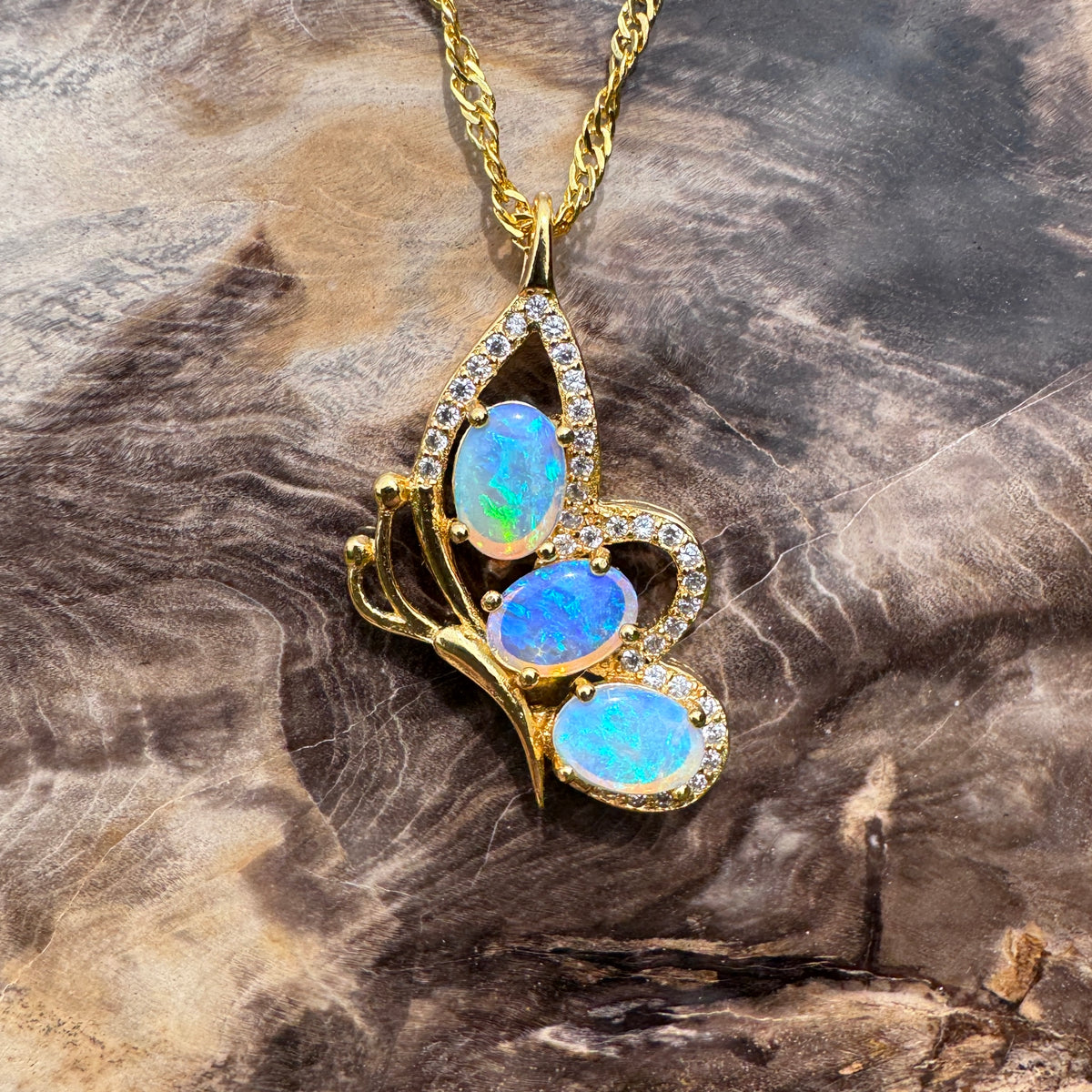 1.5ct Lightning Ridge Opal & Cubic Zirconia Butterfly Pendant Necklace ~ 'Paluma Wings' | Yellow Gold Coated 925 Sterling Silver | Solid Australian Opal