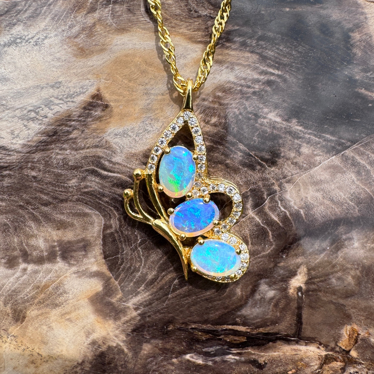 1.5ct Lightning Ridge Opal & Cubic Zirconia Butterfly Pendant Necklace ~ 'Paluma Wings' | Yellow Gold Coated 925 Sterling Silver | Solid Australian Opal