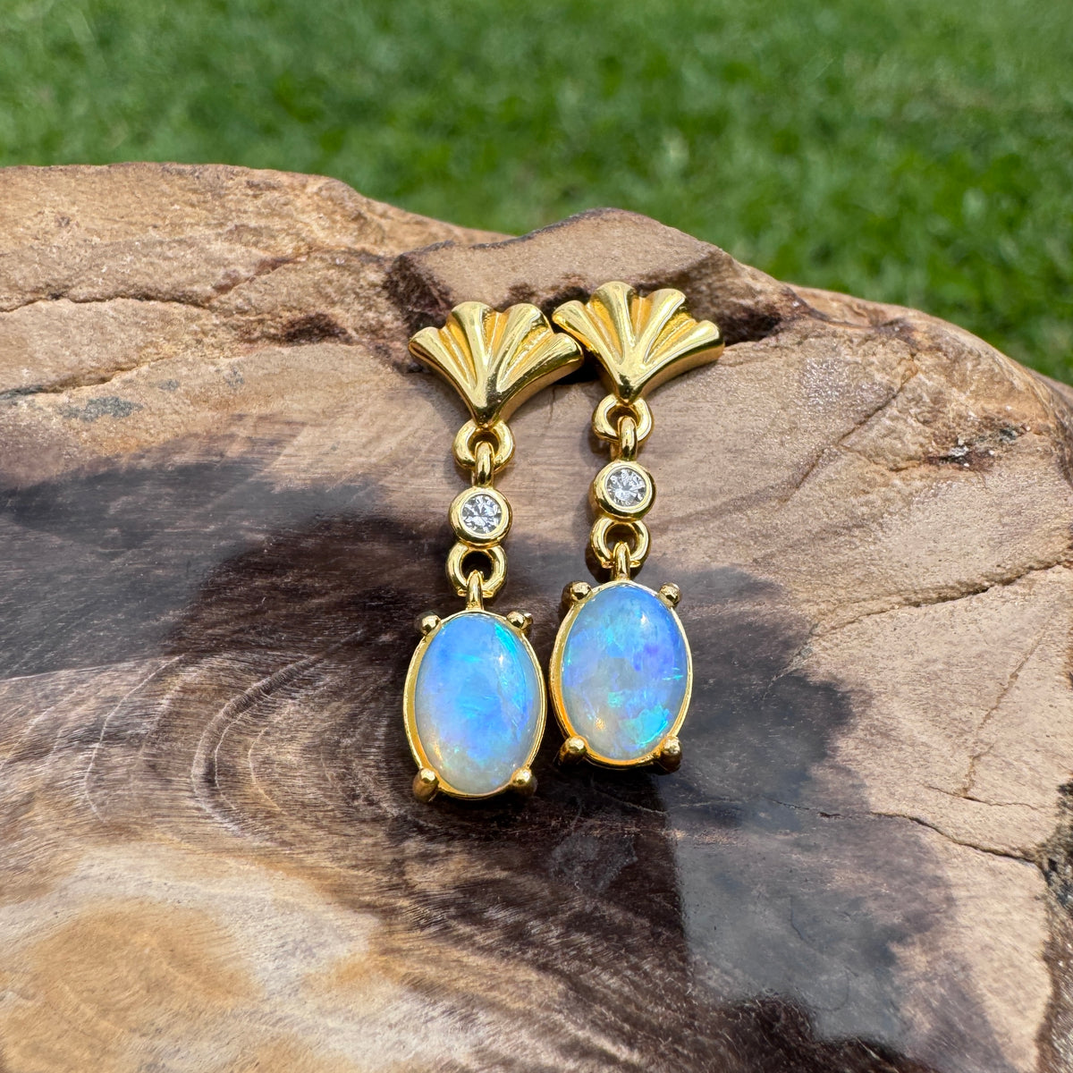 1ct Lightning Ridge Opal & Cubic Zirconia Stud Drop Earrings ~ 'Mission Beach Glow' | Yellow Gold Coated 925 Sterling Silver | Solid Australian Opal