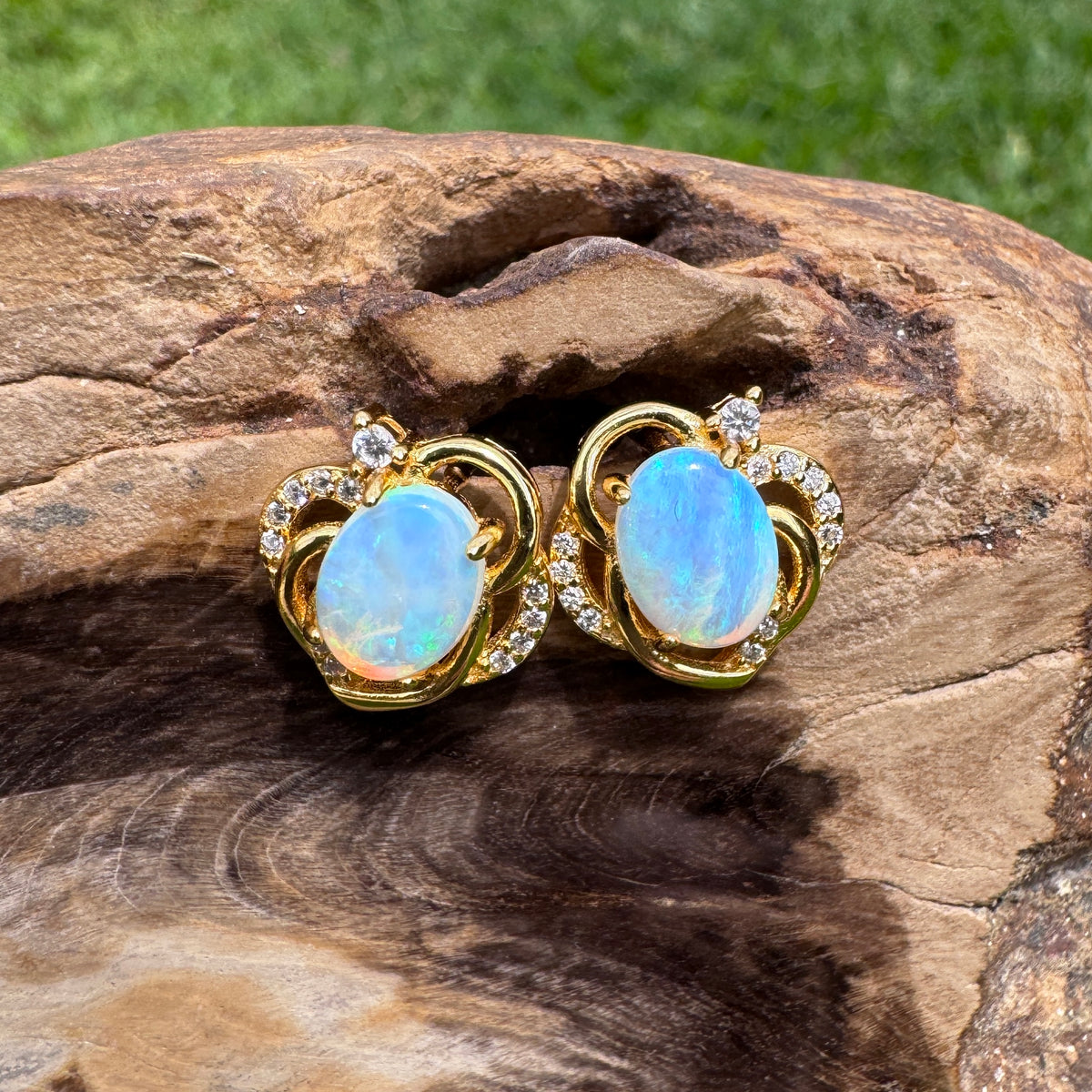 1.3ct Lightning Ridge Opal & Cubic Zirconia Stud Earrings ~ 'Bruny Island Blues' | Yellow Gold Coated 925 Sterling Silver | Solid Australian Opal
