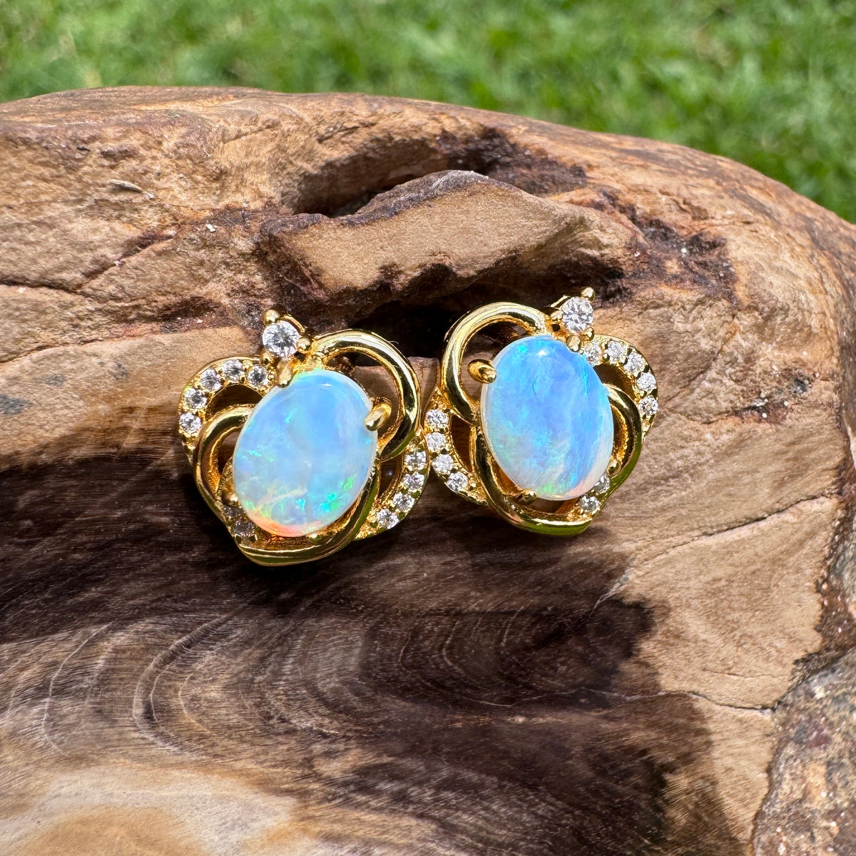 1.3ct Lightning Ridge Opal & Cubic Zirconia Stud Earrings ~ 'Bruny Island Blues' | Yellow Gold Coated 925 Sterling Silver | Solid Australian Opal