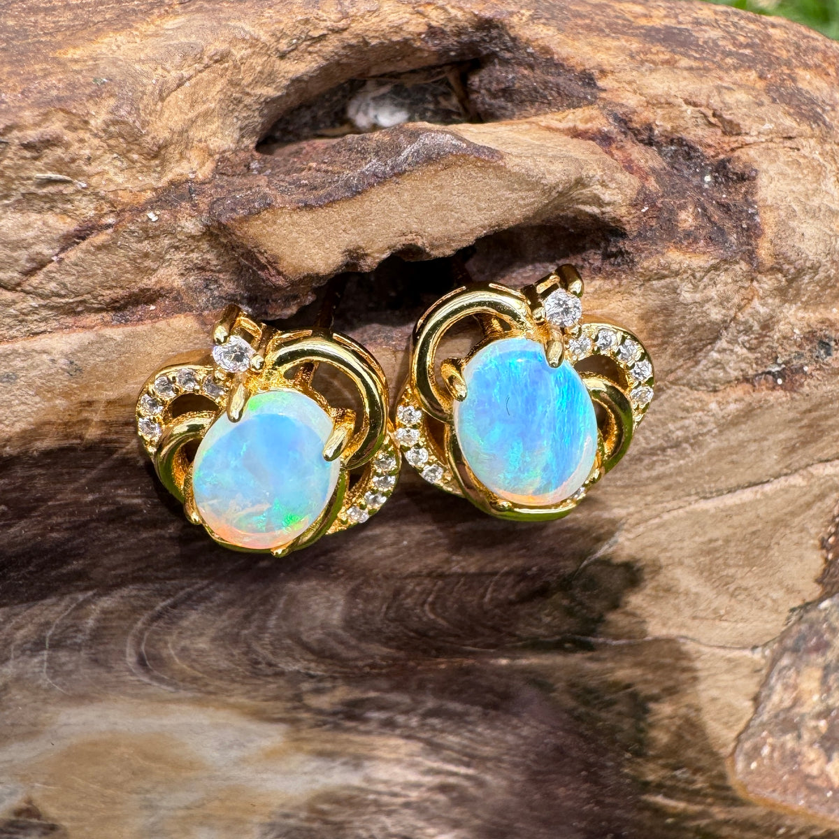 1.3ct Lightning Ridge Opal & Cubic Zirconia Stud Earrings ~ 'Bruny Island Blues' | Yellow Gold Coated 925 Sterling Silver | Solid Australian Opal