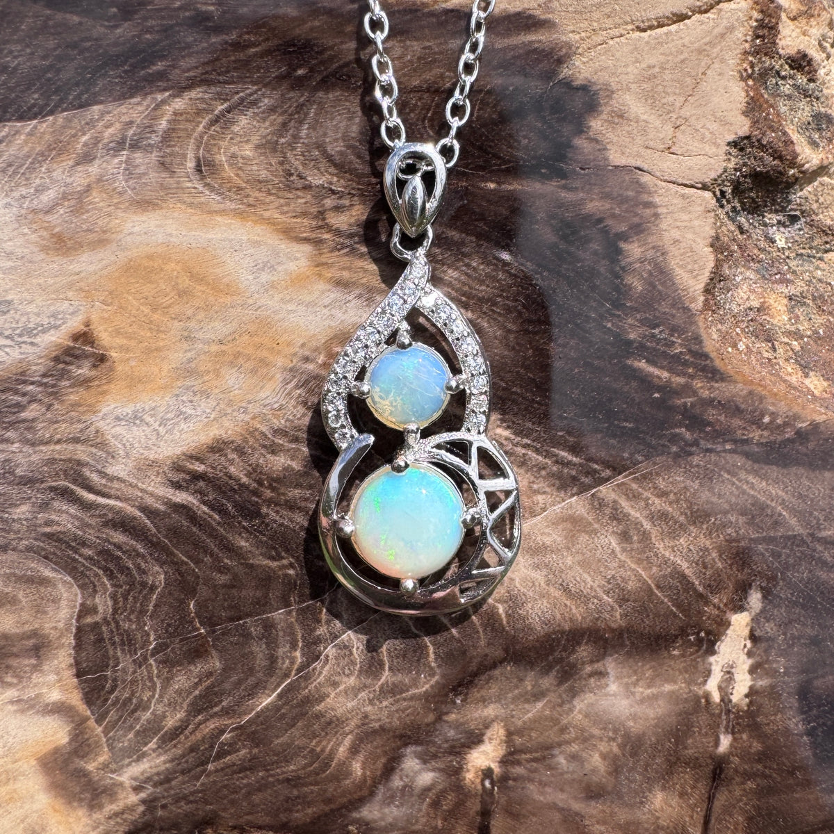 1.2ct Lightning Ridge Opal & Cubic Zirconia Pendant Necklace ~ 'Karijini Shimmer' | 925 Sterling Silver | Solid Australian Opal