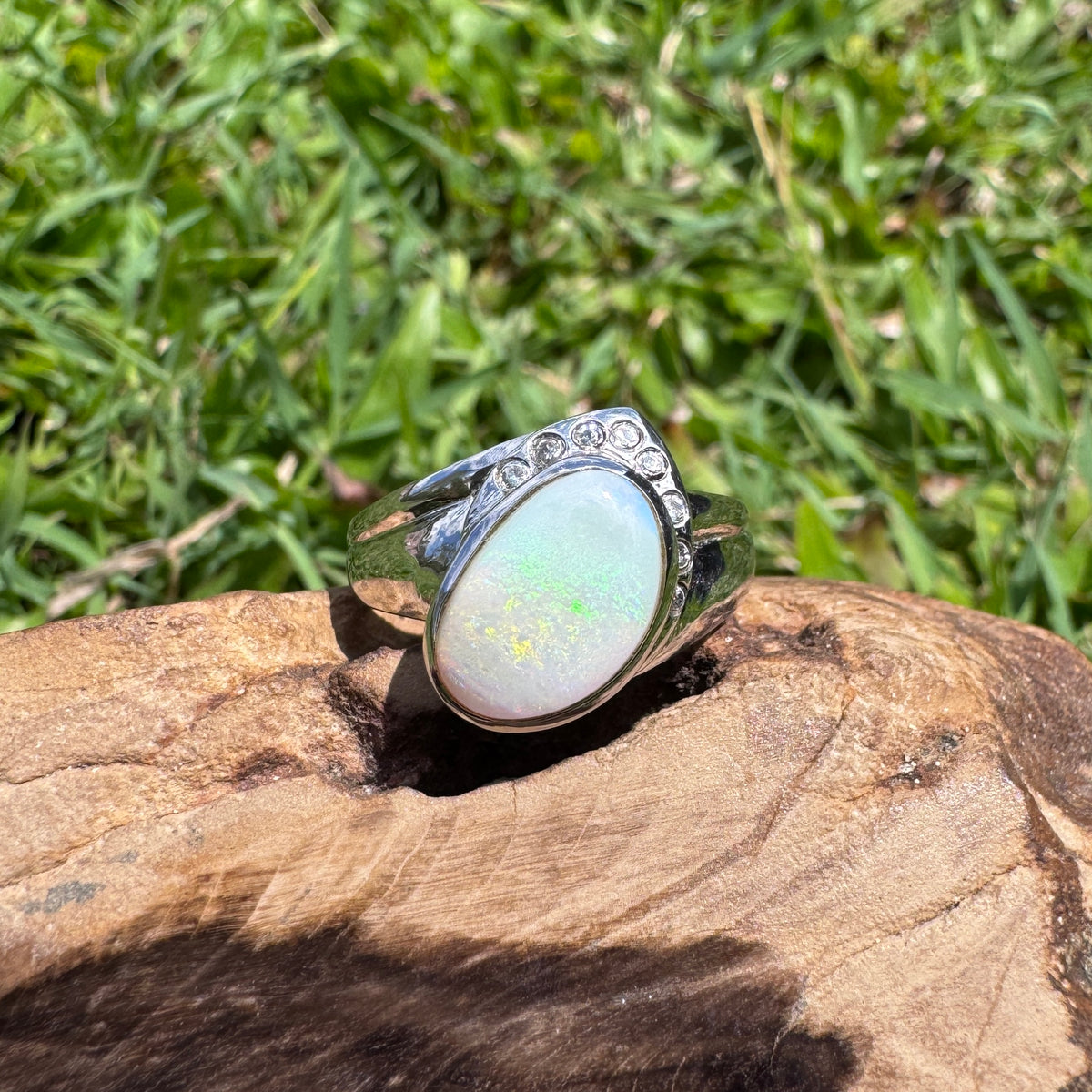 2.5ct Coober Pedy Opal & Cubic Zirconia Ring ~ 'Mount Field Greens' | 925 Sterling Silver | Solid Australian Opal