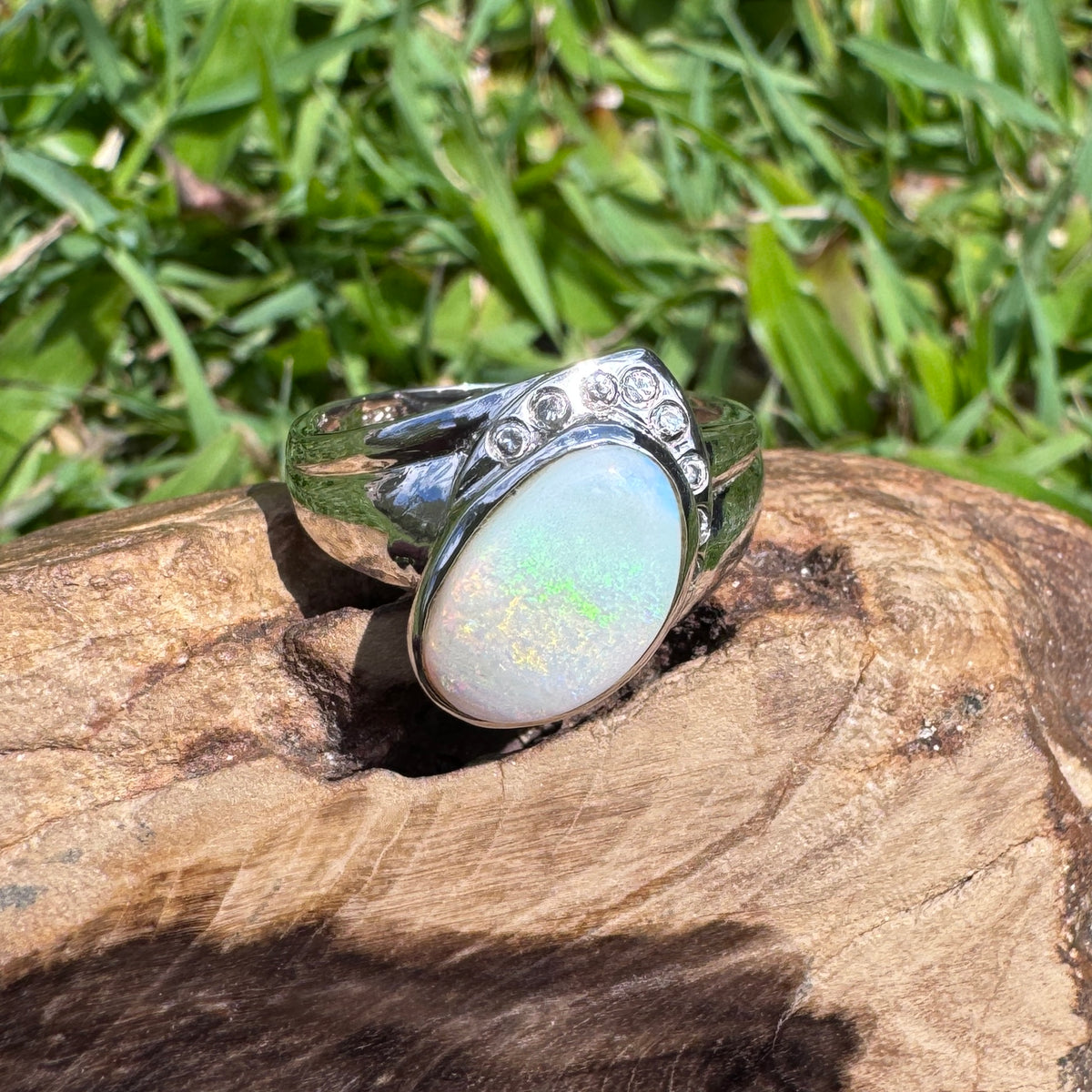 2.5ct Coober Pedy Opal & Cubic Zirconia Ring ~ 'Mount Field Greens' | 925 Sterling Silver | Solid Australian Opal