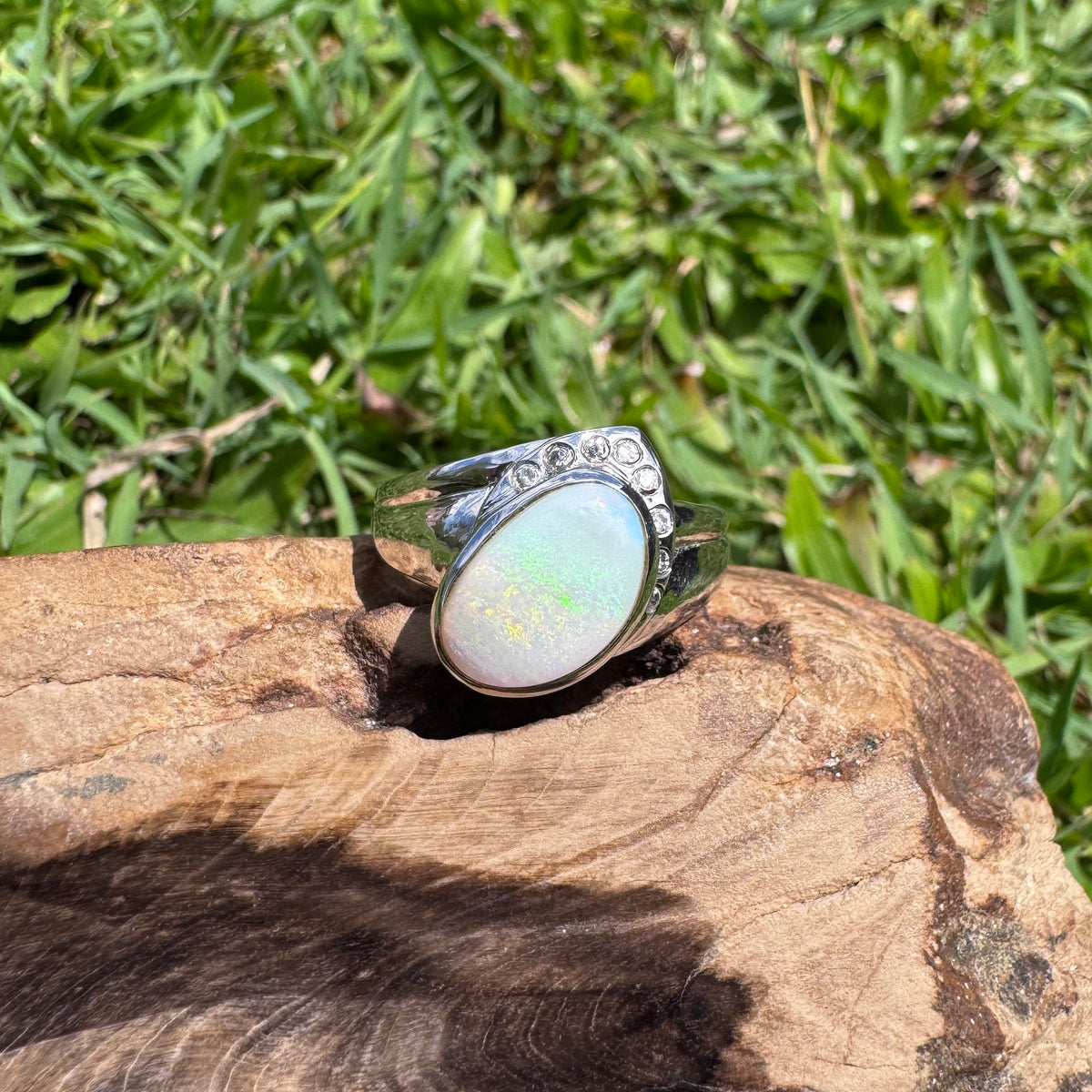 2.5ct Coober Pedy Opal & Cubic Zirconia Ring ~ 'Mount Field Greens' | 925 Sterling Silver | Solid Australian Opal