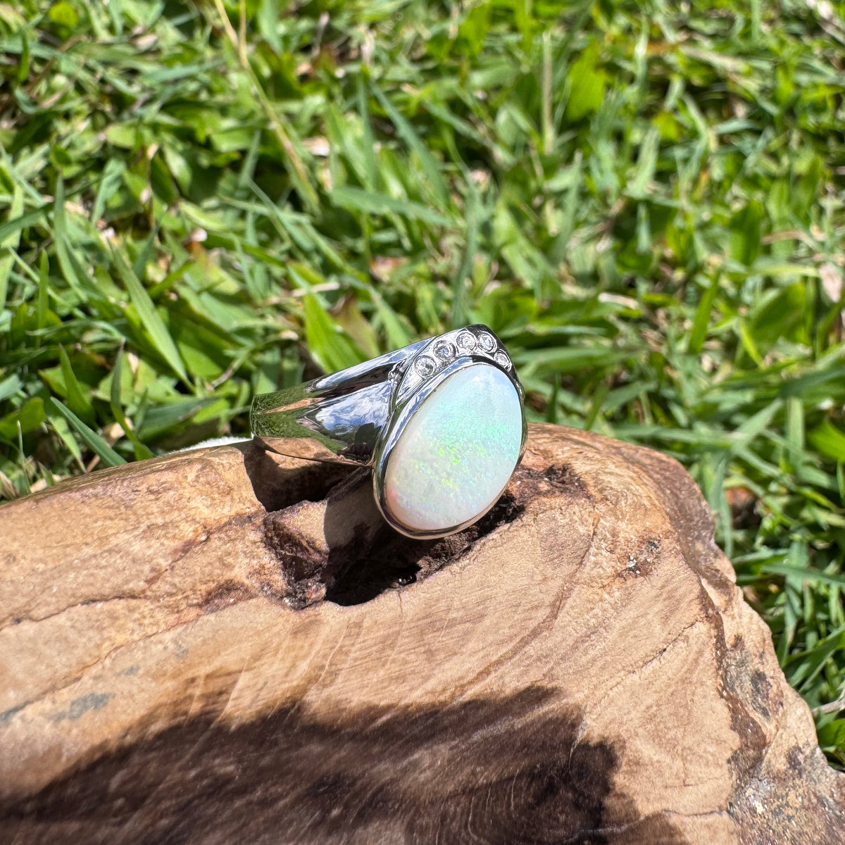 2.5ct Coober Pedy Opal & Cubic Zirconia Ring ~ 'Mount Field Greens' | 925 Sterling Silver | Solid Australian Opal