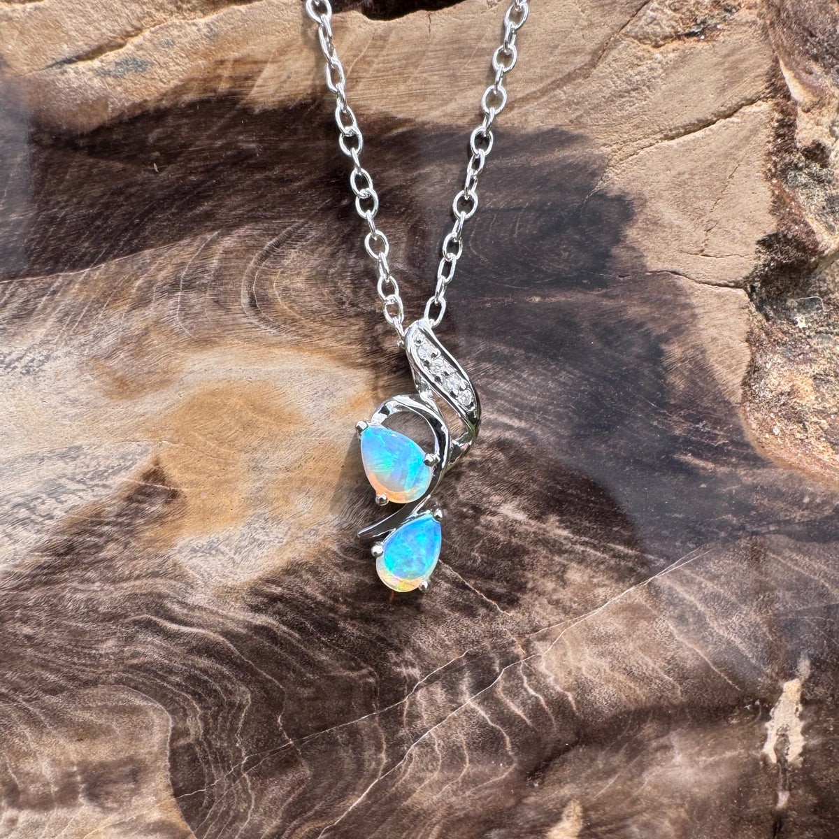 0.5ct Lightning Ridge Crystal Opal & Diamond Pendant Necklace ~ 'Mossman Gorge Blues' | 14ct White Gold | Solid Australian Opal