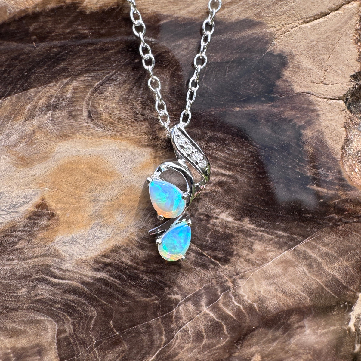 0.5ct Lightning Ridge Crystal Opal & Diamond Pendant Necklace ~ 'Mossman Gorge Blues' | 14ct White Gold | Solid Australian Opal