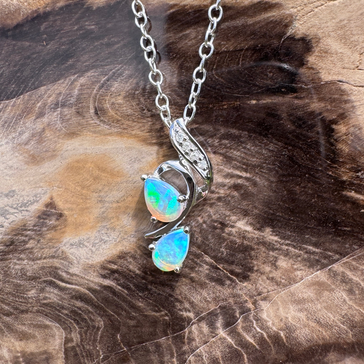 0.5ct Lightning Ridge Crystal Opal & Diamond Pendant Necklace ~ 'Mossman Gorge Blues' | 14ct White Gold | Solid Australian Opal