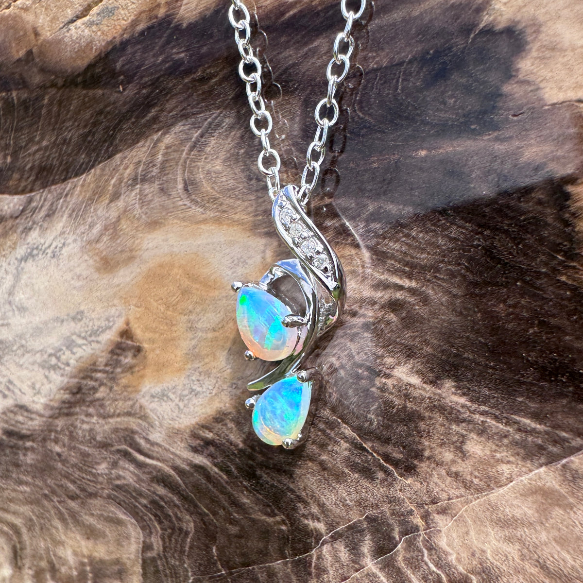 0.5ct Lightning Ridge Crystal Opal & Diamond Pendant Necklace ~ 'Mossman Gorge Blues' | 14ct White Gold | Solid Australian Opal